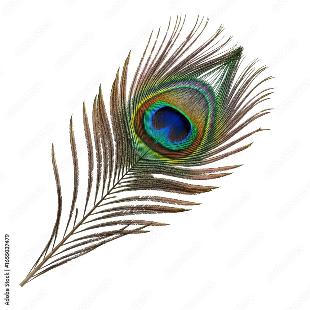 Fototapeta premium Detailed peacock feather with eye pattern isolated on transparent background