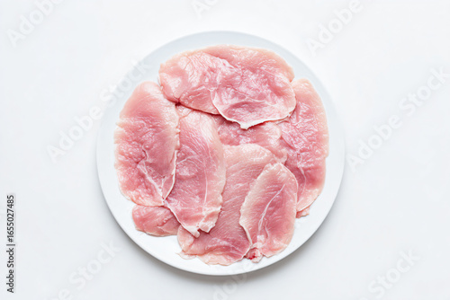 a plate of raw meat on a white surface