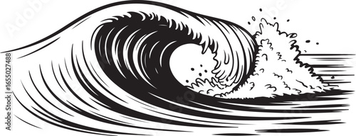 Powerful Breaking Ocean Wave in Black and White Line Art Style water surf