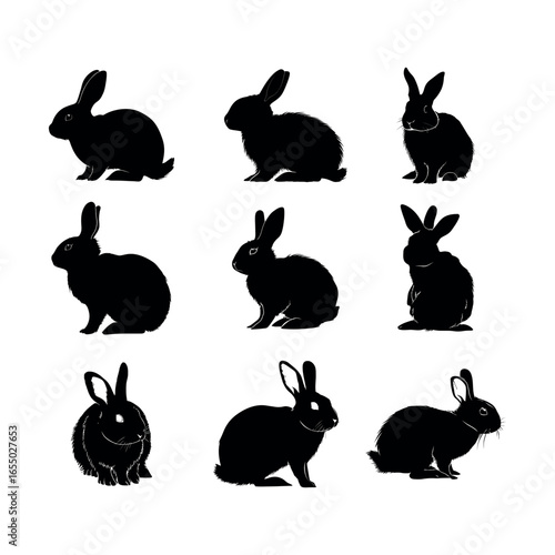 set of rabbit silhouettes, Silhouette depiction of nine rabbits in various poses on a white background showcasing their form and posture