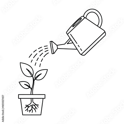 Watering Plant Line Art Icon – Gardening and Growth Concept