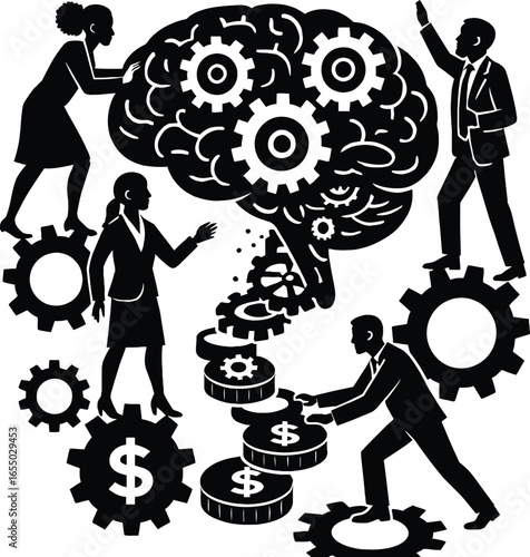 Silhouette of professionals on cogs building intricate clockwork brain together
