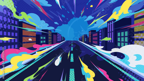 ビル街の中の道路を走り抜ける背景イラスト_16:9