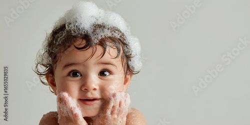 Cute baby with soapy foam on head smiling during bath on white background