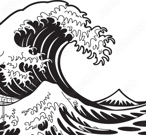 Black and white illustration of a large crashing wave with Mount Fuji in the background ocean water