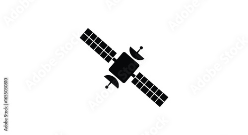 A black silhouette of a satellite in space with solar panels and antennae