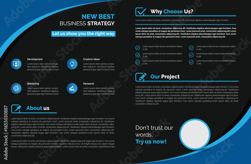 A dark blue and black business brochure with curved blue accents features text blocks, icons, and a circular placeholder, conveying a modern, professional aesthetic.