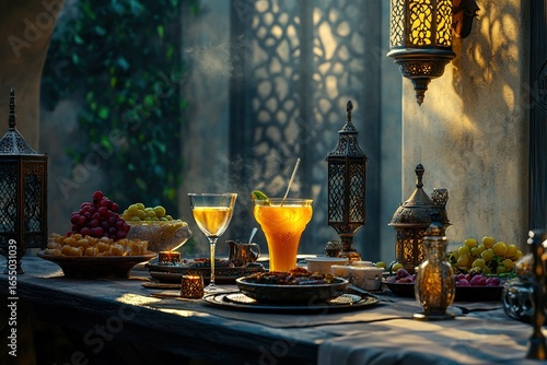 minimalistic design Celebration of ramadan with a wonderful table full of meals and drinks arabic muslim culture