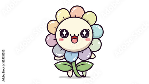 Whimsical Flower: A vibrant and joyful illustration, presenting a smiling, anthropomorphic flower. With its cute, cheerful expression and pastel color palette.