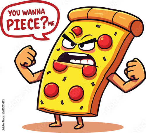Angry pizza slice with penny challenge pose, funny fast food character vector