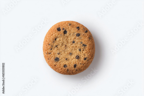 a cookie with chocolate chips on a white surface