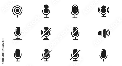 Collection of various microphone and speaker icons in black and white