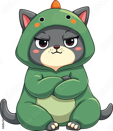 Grumpy cat in green dinosaur hoodie, cozy Kurumi cosplay mascot vector