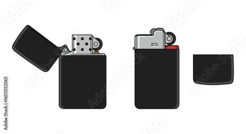 Black lighter with silver metal and red button on white background
