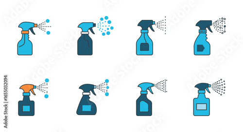 Spray bottles with various nozzle types and spray patterns