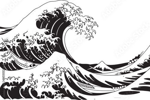 Black and white graphic of a large breaking wave with Mount Fuji and boats in the background ocean water