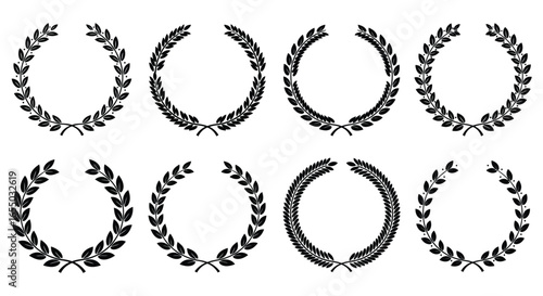 Collection of various laurel wreath designs in black on white background