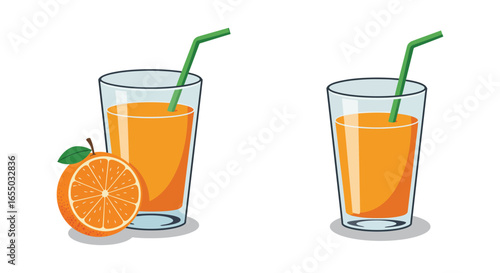 Two glasses of orange juice with straws and an orange