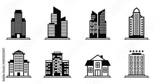 Collection of various city buildings and skyscrapers in black and white