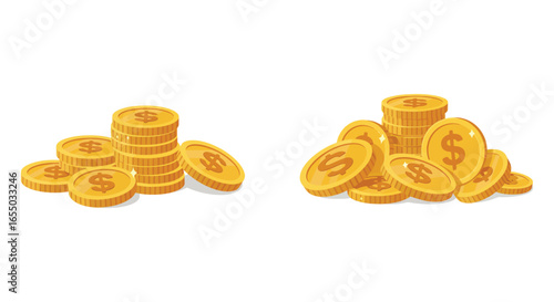Golden dollar coins stacked and scattered on a white background