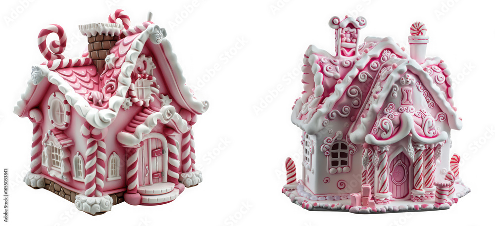 Fototapeta premium Two pink and white gingerbread houses with candy decorations isolated on transparent background