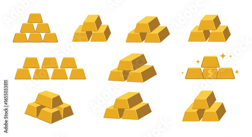 Various arrangements of gold bars on a plain white background