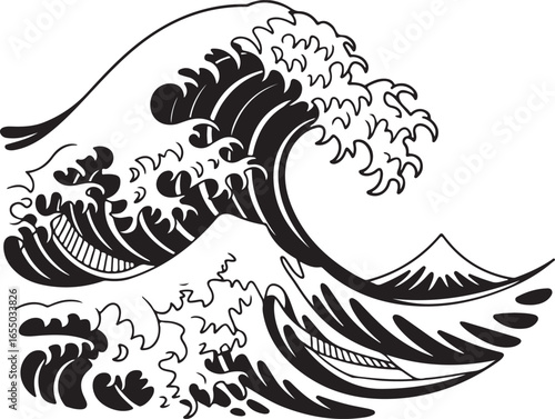 Black and white illustration of a large crashing wave with Mount Fuji Keywords: wave, ocean, sea