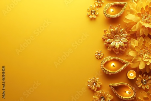minimalistic design Diwali, Deepavali or Dipavali the festival of lights india with gold diya patterned