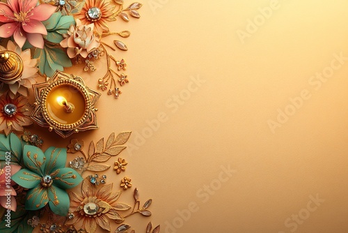 minimalistic design Diwali, Deepavali or Dipavali the festival of lights india with gold diya patterned