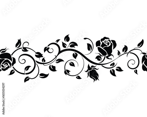 Ornate black and white floral border with silhouette roses and swirling vines. Seamless decorative flower pattern for elegant vintage design.
