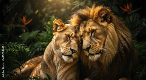 A lion and lioness cuddling together in a lush green environment with orange flowers behind them