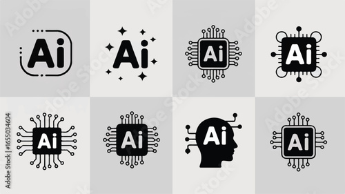 AI Artificial Intelligence Icon Set with Modern Design Concepts for Technology and Innovation Black and White Graphics