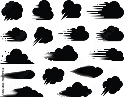 Collection of 15 Black Silhouette Cloud Shapes on White Background
