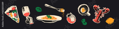 Trendy halftone art collage elements set. Italian food stickers with vintage dot texture and doodles, pizza, wine, lobster, lemon, pasta, spaghetti and basil. Modern retro grunge vector illustration