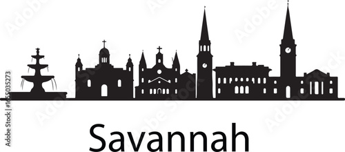 Black Silhouette Skyline of Savannah Georgia with Fountain and Church Spires on White Background vector