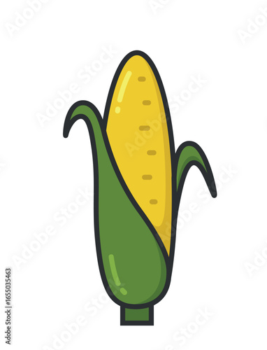 Cartoon-style illustration of an ear of corn with green husks partially peeled back, revealing yellow kernels. Harvest, vegetable and agriculture symbol.