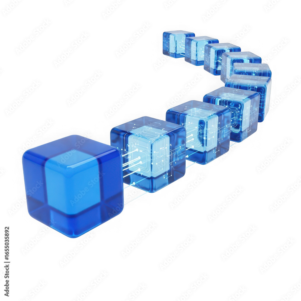 Obraz premium Blue blockchain network of interconnected cubes isolated on transparent background, representing digital security, technology, and data transfer