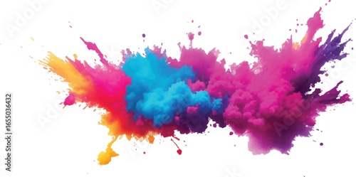 Exploding Rainbow Paint Powder Cloud – Colorful Dust Burst for Holi Festival on White Background, Symbolizing Joy, Freedom, and Artistic Abstract Motion Splash
