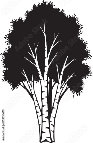 Silhouette of a birch tree with distinctive bark patterns and a leafy canopy on a white background nature