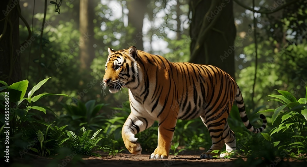 Obraz premium A tiger walking through a lush green forest with sunlight filtering through the trees and foliage