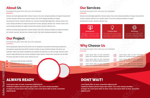 Open brochure layout: left page with "About Us," "Our Project" text, right page "Our Services," "Why Choose Us," red/white color scheme, modern design, clean presentation.