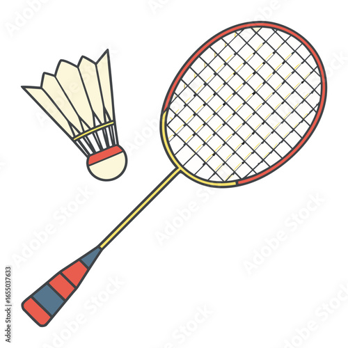 White badminton shuttlecock and two badminton rackets on blue floor sport badminton court. Outdoors. Close up.