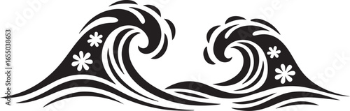Two Stylized Black And White Ocean Waves With Floral Accents Keywords: wave, ocean, sea, water