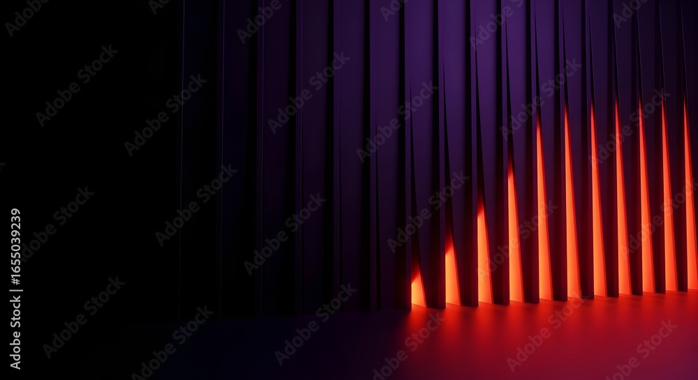 Fototapeta premium Dark abstract background with vertical purple lines illuminated by vibrant red light, creating a dramatic and futuristic mood