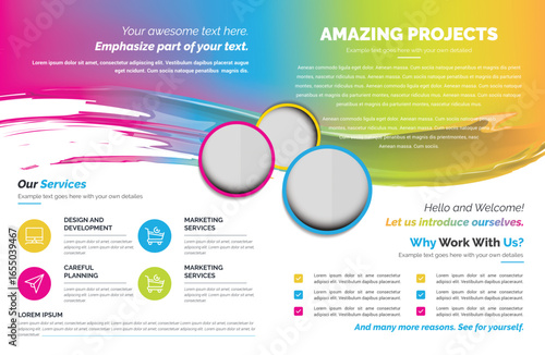 Colorful brochure layout with abstract paint strokes, circular placeholders, text blocks, icons, bright hues, and a modern, vibrant, and professional design.