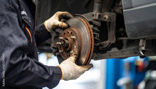 Mechanic Inspecting Car Brake Rotor for Wear and Damage in Auto Repair Shop