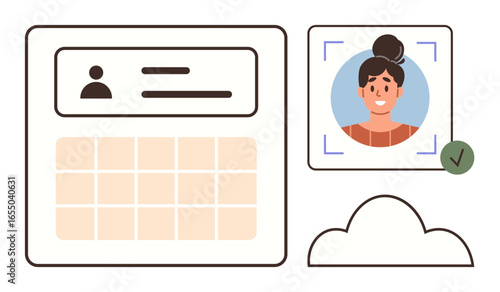 Profile photo next to a user interface with input fields and a calendar grid, plus a verification checkmark and a cloud. Ideal for security, authentication, technology, online tools, identity