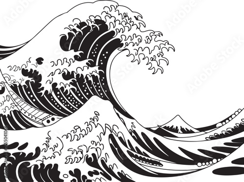 Iconic black and white illustration of a large breaking wave with Mount Fuji in the background ocean