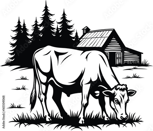 Grazing cow near barn with pine trees, peaceful rural farm landscape vector
