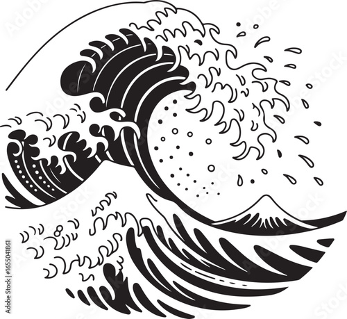 Stylized Black And White Japanese Wave With Mountain And Boats On White water ocean
